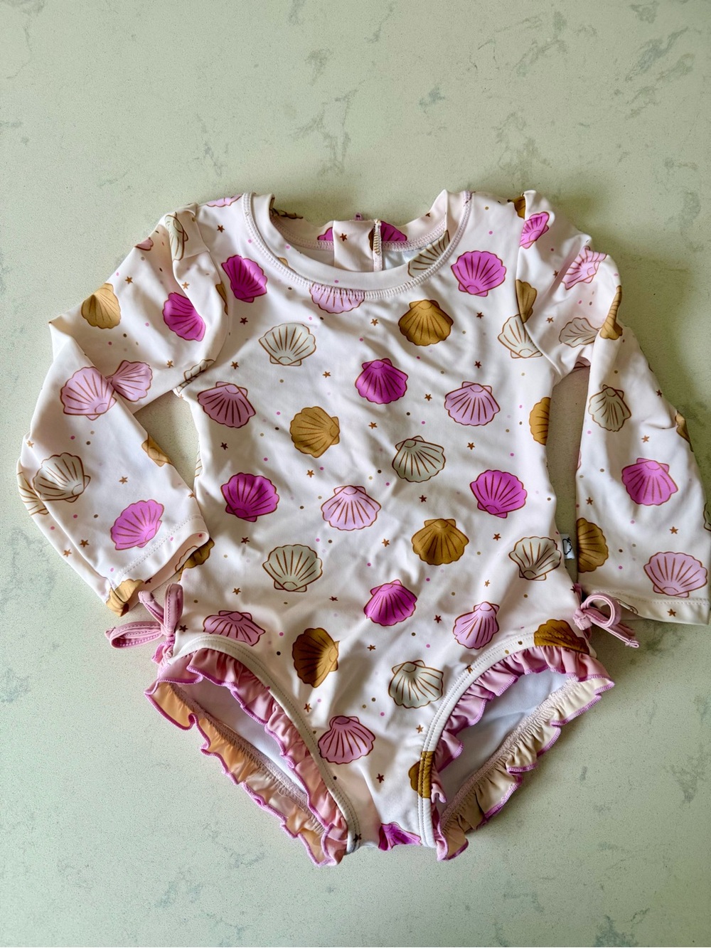 Dream Big Little Co Seashell Ruffled Long-sleeve Rashguard Swimsuit
